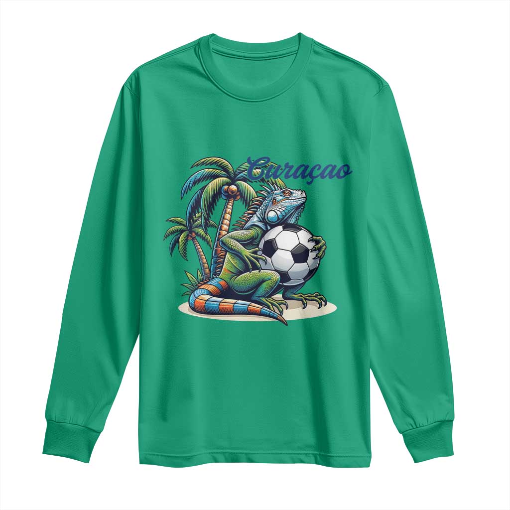 Funny Curaçao Iguana Soccer Fan Long Sleeve Shirt Caribbean Pride Football Graphic