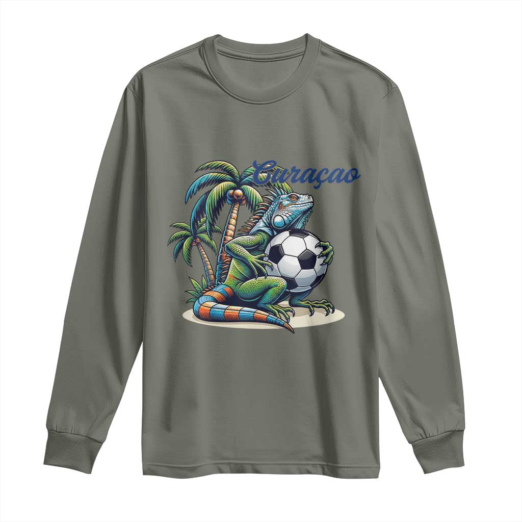 Funny Curaçao Iguana Soccer Fan Long Sleeve Shirt Caribbean Pride Football Graphic