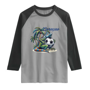 Funny Curaçao Iguana Soccer Fan Raglan Shirt Caribbean Pride Football Graphic