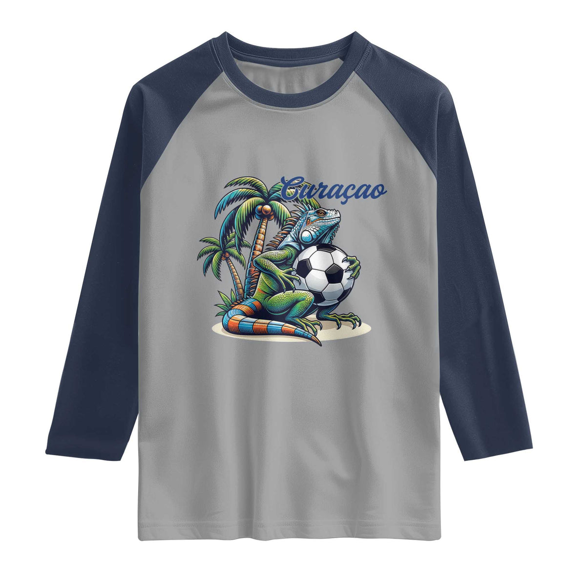 Funny Curaçao Iguana Soccer Fan Raglan Shirt Caribbean Pride Football Graphic