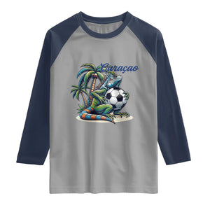 Funny Curaçao Iguana Soccer Fan Raglan Shirt Caribbean Pride Football Graphic