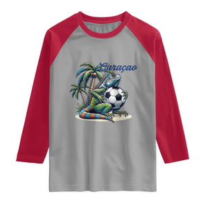 Funny Curaçao Iguana Soccer Fan Raglan Shirt Caribbean Pride Football Graphic