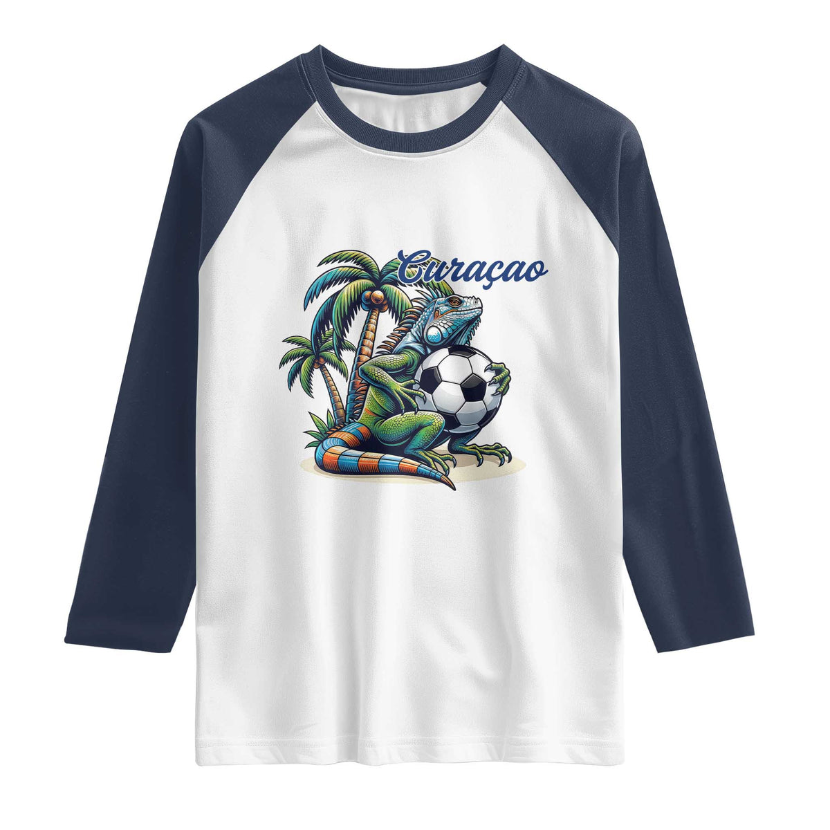 Funny Curaçao Iguana Soccer Fan Raglan Shirt Caribbean Pride Football Graphic