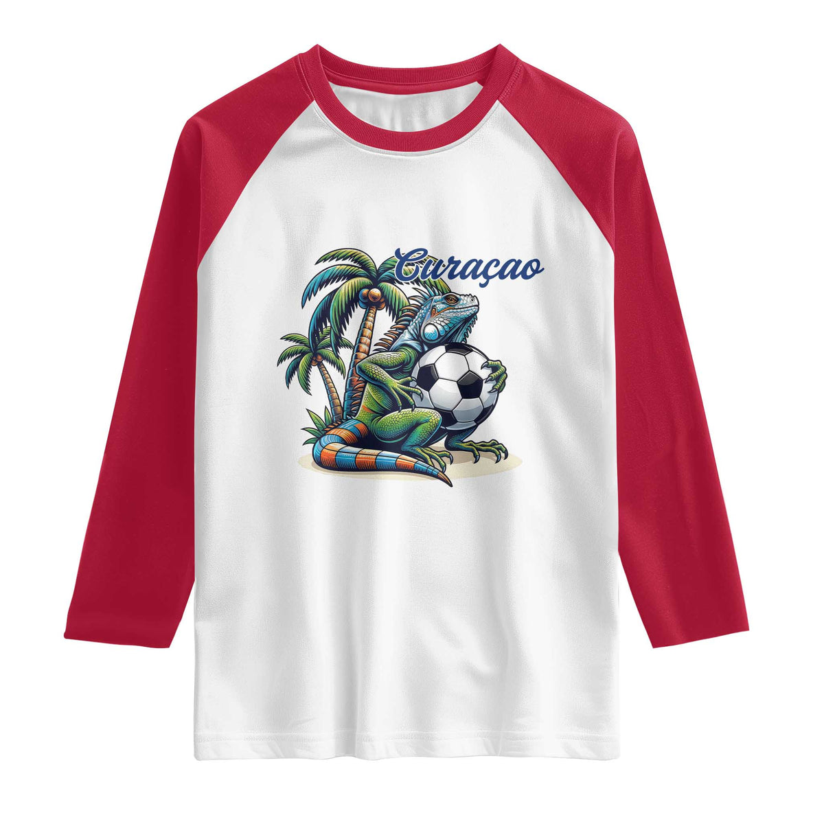 Funny Curaçao Iguana Soccer Fan Raglan Shirt Caribbean Pride Football Graphic