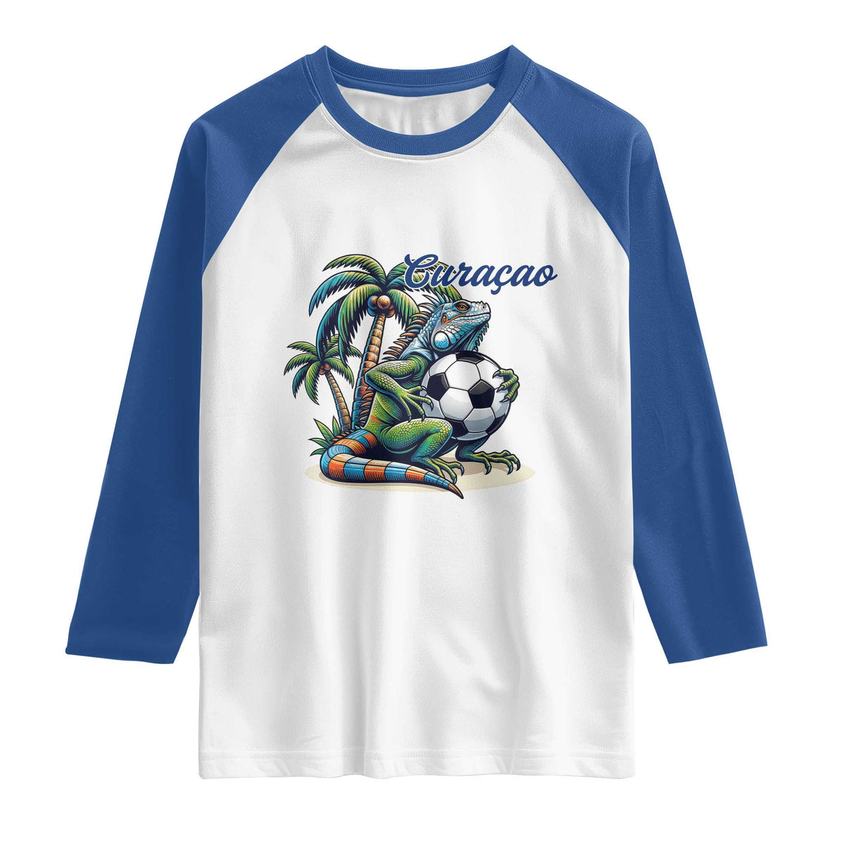 Funny Curaçao Iguana Soccer Fan Raglan Shirt Caribbean Pride Football Graphic