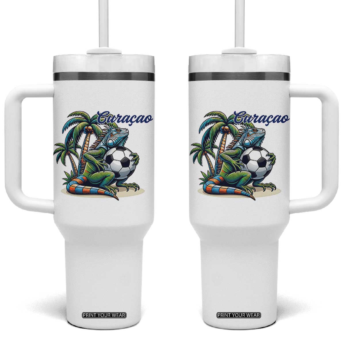 Funny Curaçao Iguana Soccer Fan Tumbler With Handle Caribbean Pride Football Graphic