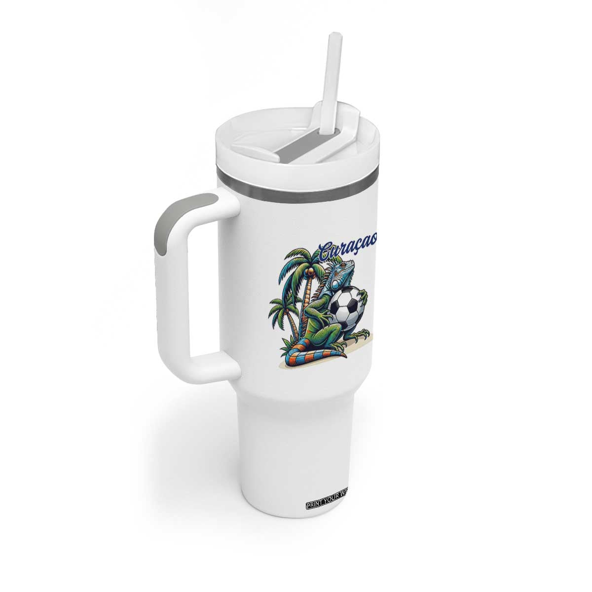 Funny Curaçao Iguana Soccer Fan Tumbler With Handle Caribbean Pride Football Graphic