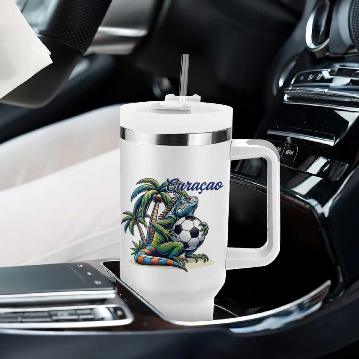 Funny Curaçao Iguana Soccer Fan Tumbler With Handle Caribbean Pride Football Graphic