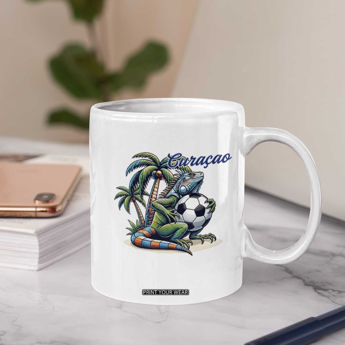 Funny Curaçao Iguana Soccer Fan Coffee Mug Caribbean Pride Football Graphic