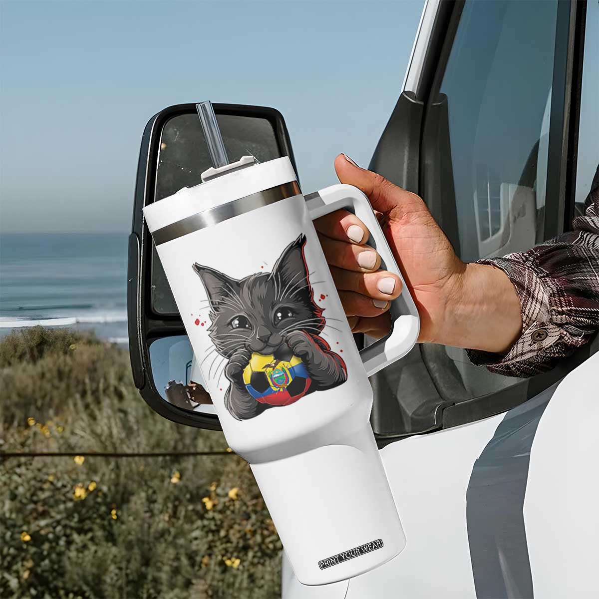 Ecuador Black Cat Soccer Game Day Tumbler With Handle Cat Lover Gift