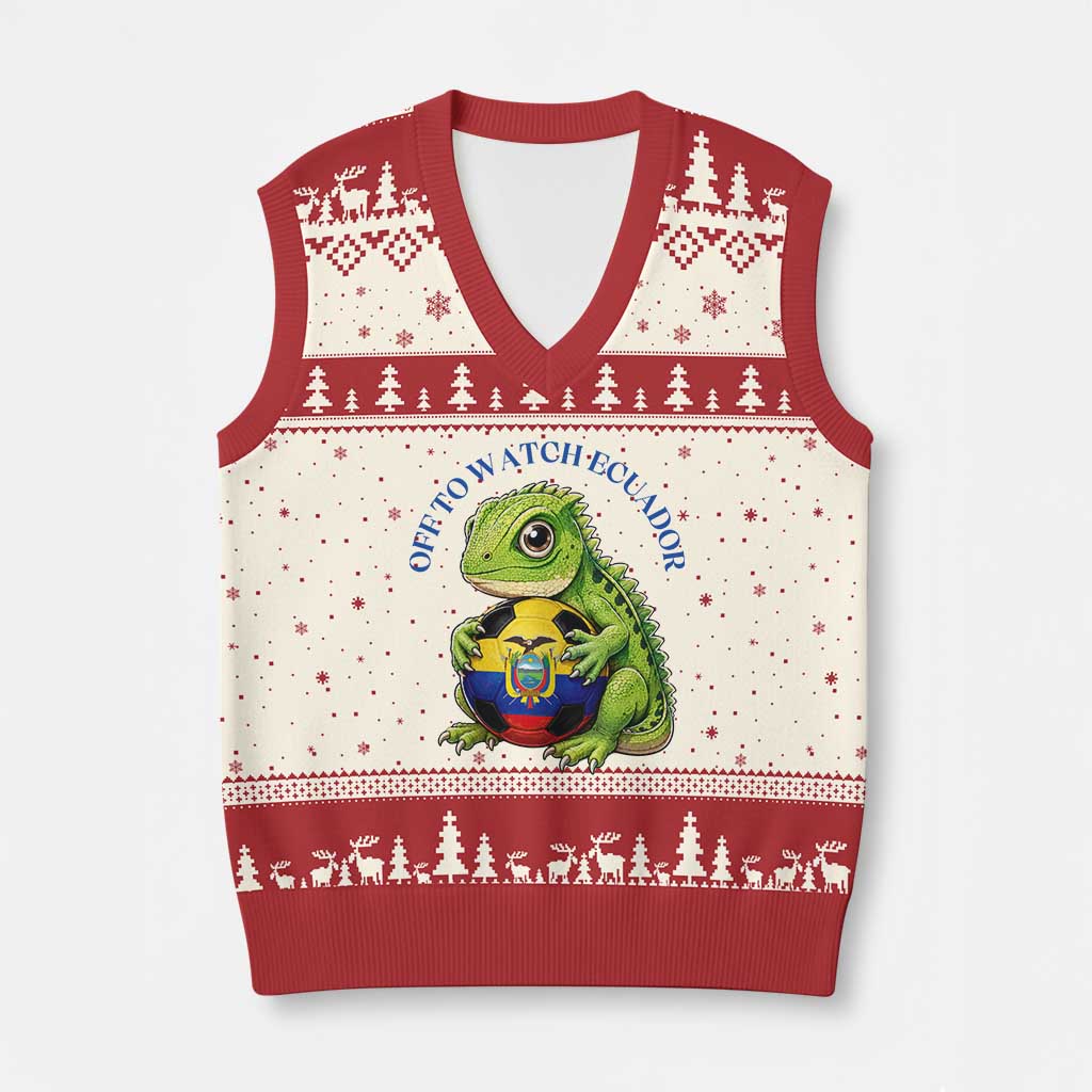 Off To Watch Ecuador V-Neck Knit Sweater Vest Funny Ecuador Iguana Soccer Fan Gift TS12 Beige Red Print Your Wear