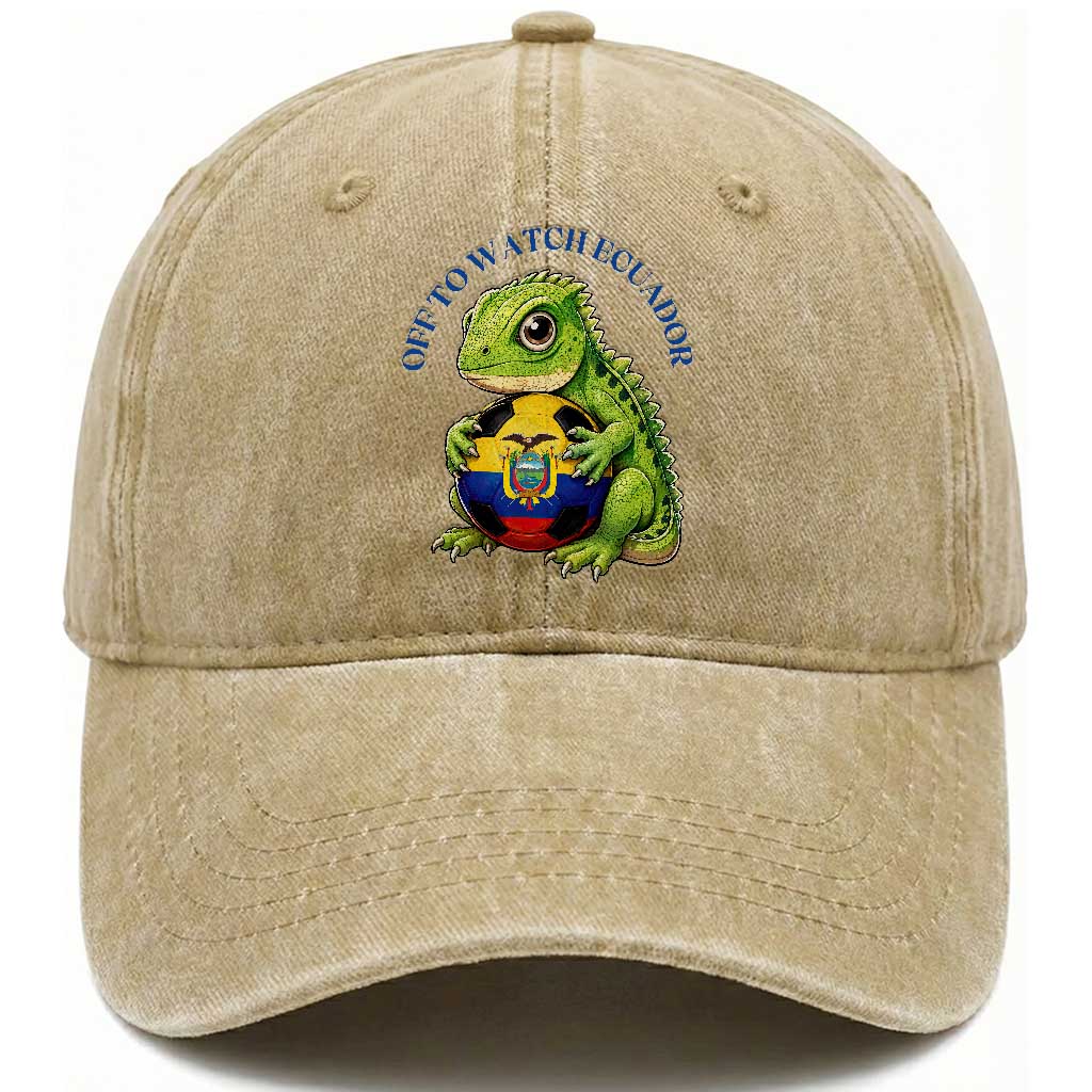 Off To Watch Ecuador Washed Cotton Baseball Cap Funny Ecuador Iguana Soccer Fan Gift TS12 Print Your Wear