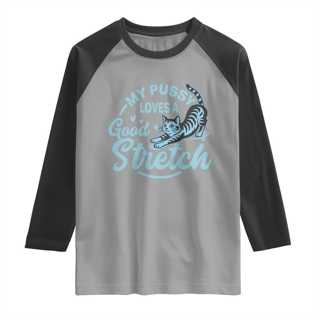 Adult Humor Cat Raglan Shirt My Pussy Loves A Good Stretch TS12 Sport Gray Black Print Your Wear