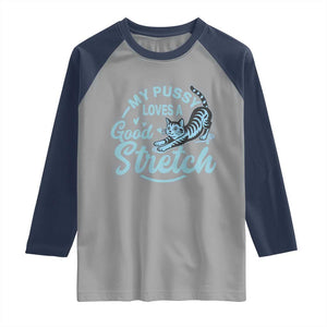 Adult Humor Cat Raglan Shirt My Pussy Loves A Good Stretch TS12 Sport Gray Navy Print Your Wear
