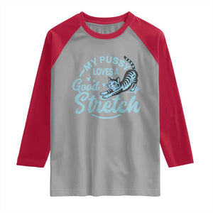Adult Humor Cat Raglan Shirt My Pussy Loves A Good Stretch TS12 Sport Gray Red Print Your Wear