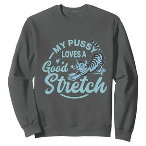 Adult Humor Cat Sweatshirt My Pussy Loves A Good Stretch TS12 Dark Heather Print Your Wear