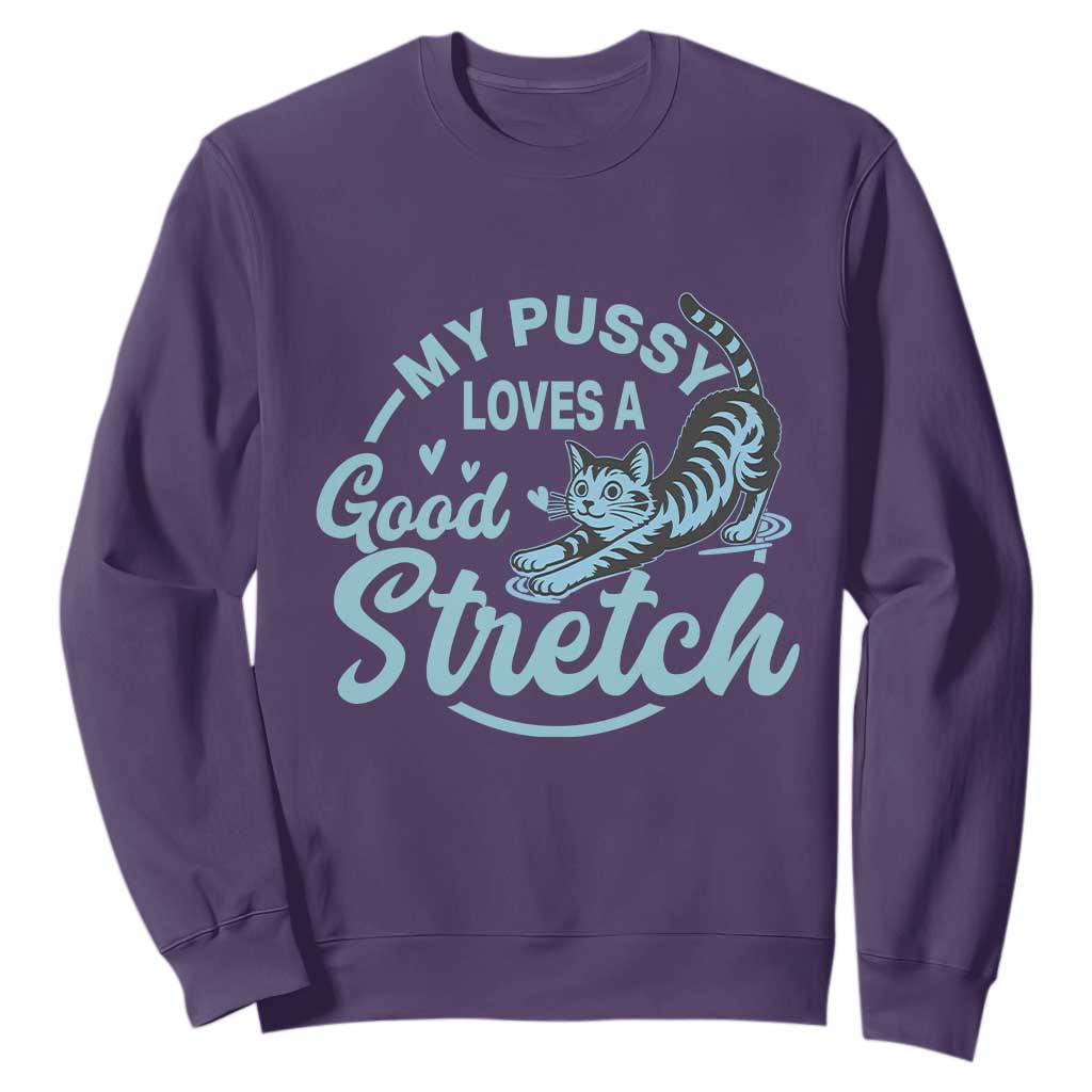 Adult Humor Cat Sweatshirt My Pussy Loves A Good Stretch TS12 Purple Print Your Wear