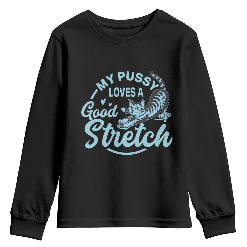 Adult Humor Cat Youth Sweatshirt My Pussy Loves A Good Stretch TS12 Black Print Your Wear