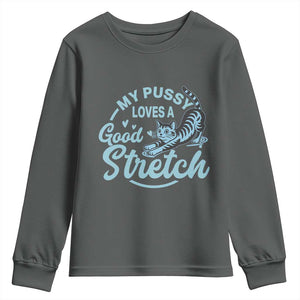 Adult Humor Cat Youth Sweatshirt My Pussy Loves A Good Stretch TS12 Dark Heather Print Your Wear