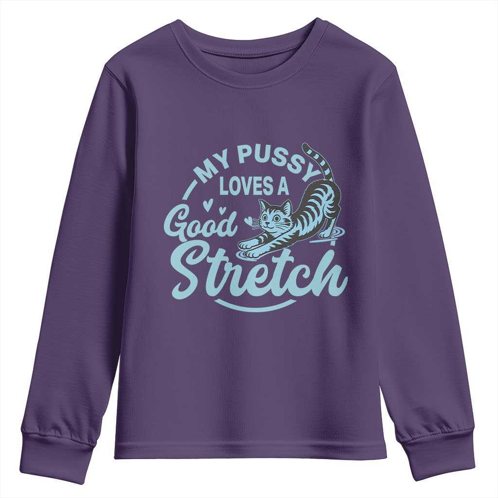 Adult Humor Cat Youth Sweatshirt My Pussy Loves A Good Stretch TS12 Purple Print Your Wear