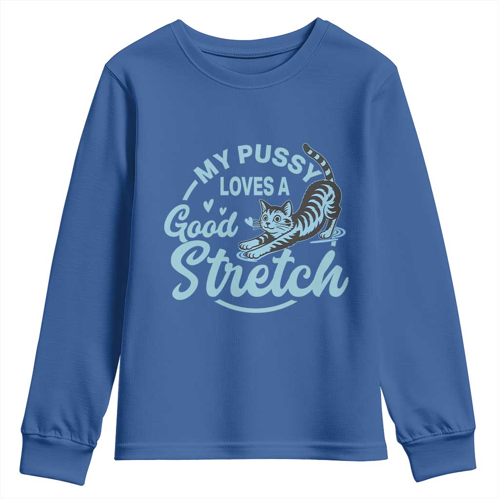 Adult Humor Cat Youth Sweatshirt My Pussy Loves A Good Stretch TS12 Royal Blue Print Your Wear