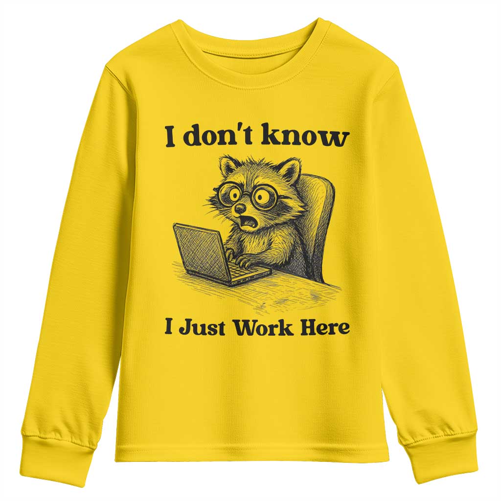 I Do Not Know I Just Work Here Youth Sweatshirt Funny Raccoon Work Quote TS12 Daisy Print Your Wear