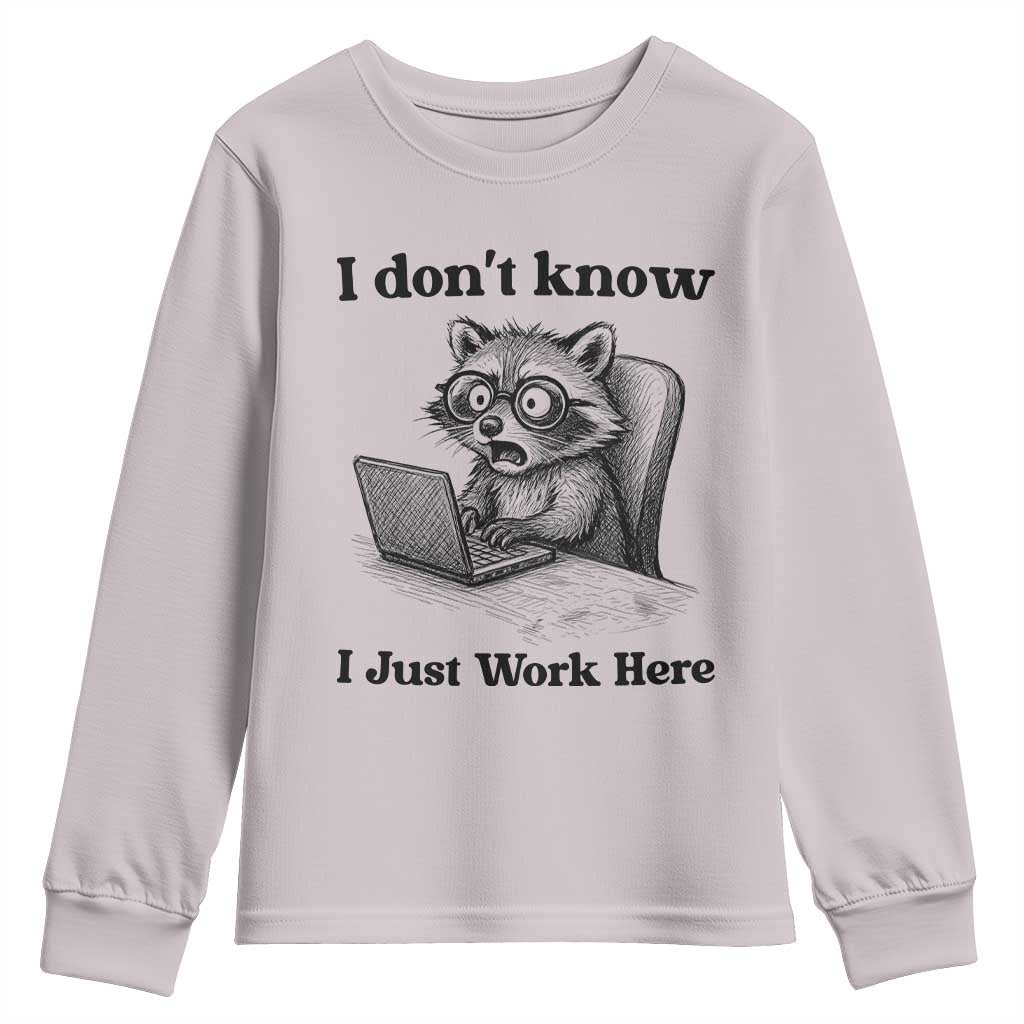 I Do Not Know I Just Work Here Youth Sweatshirt Funny Raccoon Work Quote TS12 Ice Gray Print Your Wear