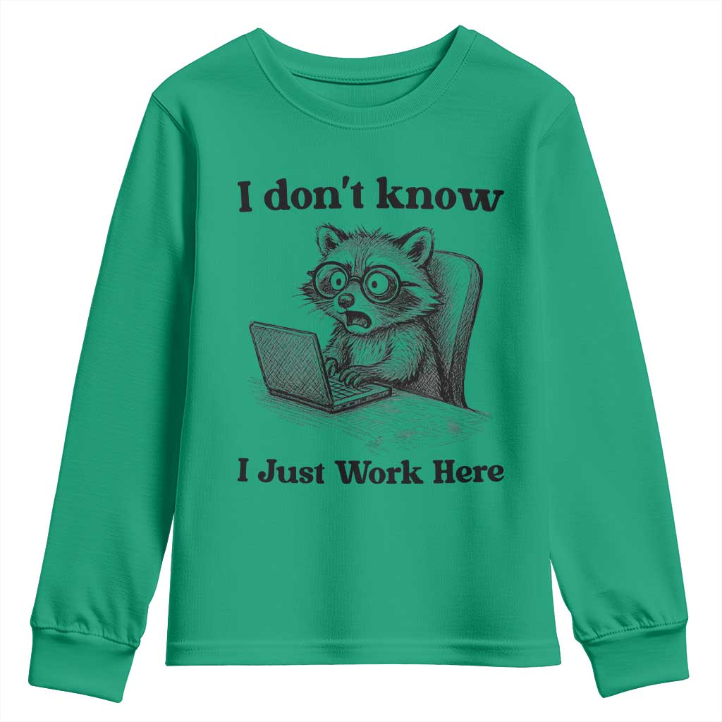 I Do Not Know I Just Work Here Youth Sweatshirt Funny Raccoon Work Quote TS12 Irish Green Print Your Wear