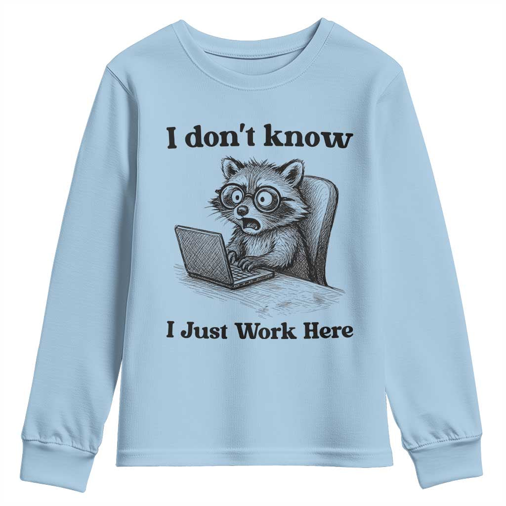 I Do Not Know I Just Work Here Youth Sweatshirt Funny Raccoon Work Quote TS12 Light Blue Print Your Wear