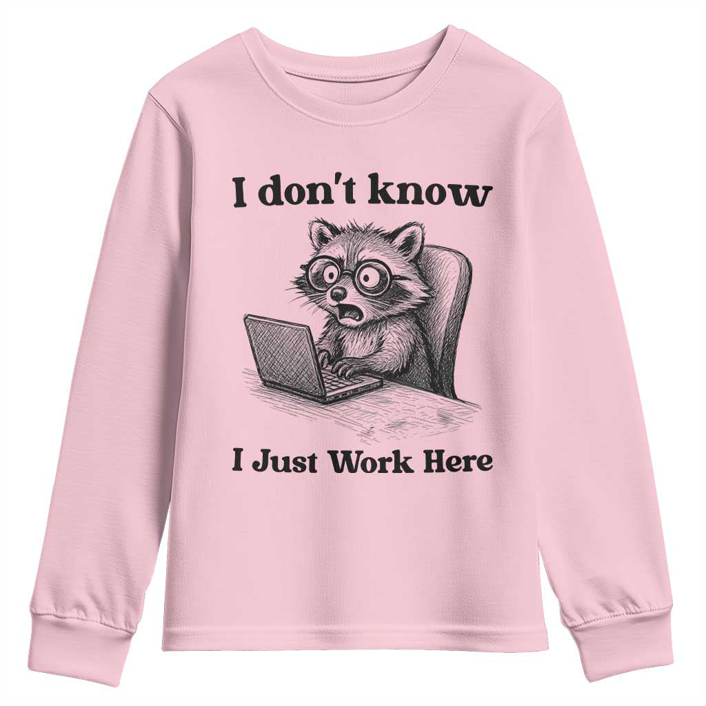 I Do Not Know I Just Work Here Youth Sweatshirt Funny Raccoon Work Quote TS12 Light Pink Print Your Wear