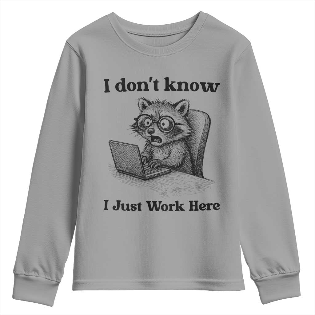 I Do Not Know I Just Work Here Youth Sweatshirt Funny Raccoon Work Quote TS12 Sport Gray Print Your Wear