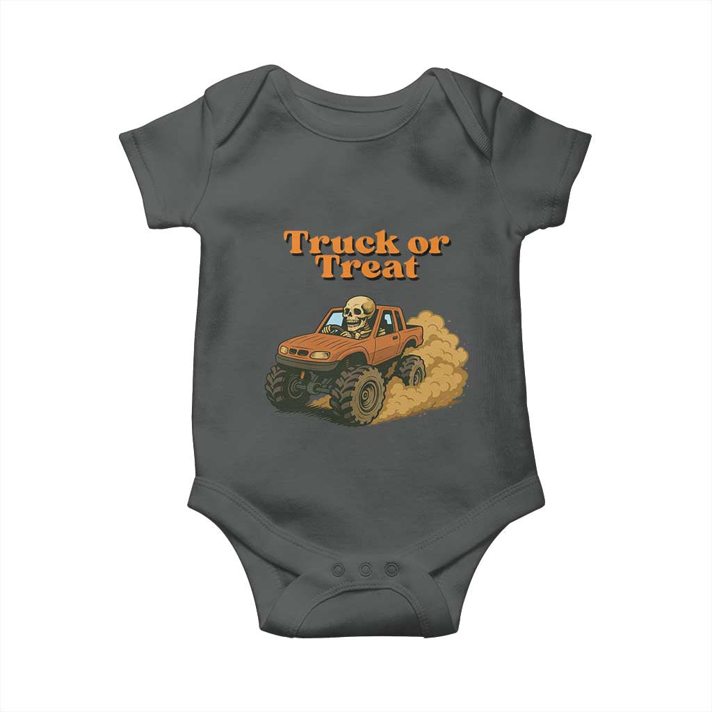 Truck Or Treat Skeleton Racing Baby Onesie Funny Halloween Truck Lover TS12 Dark Heather Print Your Wear