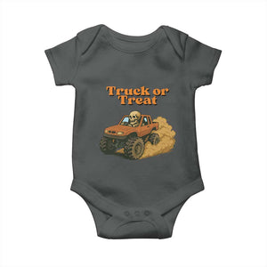Truck Or Treat Skeleton Racing Baby Onesie Funny Halloween Truck Lover TS12 Dark Heather Print Your Wear