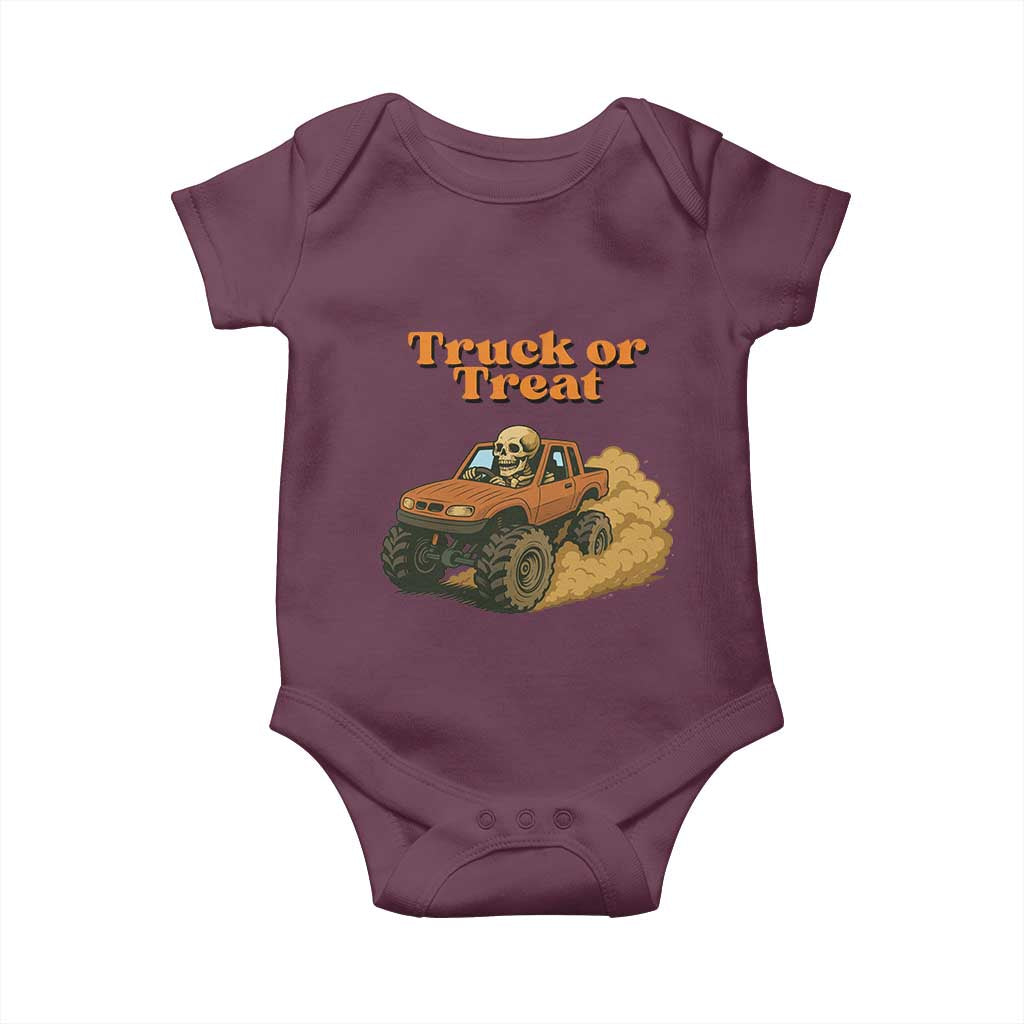 Truck Or Treat Skeleton Racing Baby Onesie Funny Halloween Truck Lover TS12 Maroon Print Your Wear