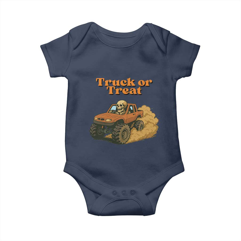 Truck Or Treat Skeleton Racing Baby Onesie Funny Halloween Truck Lover TS12 Navy Print Your Wear
