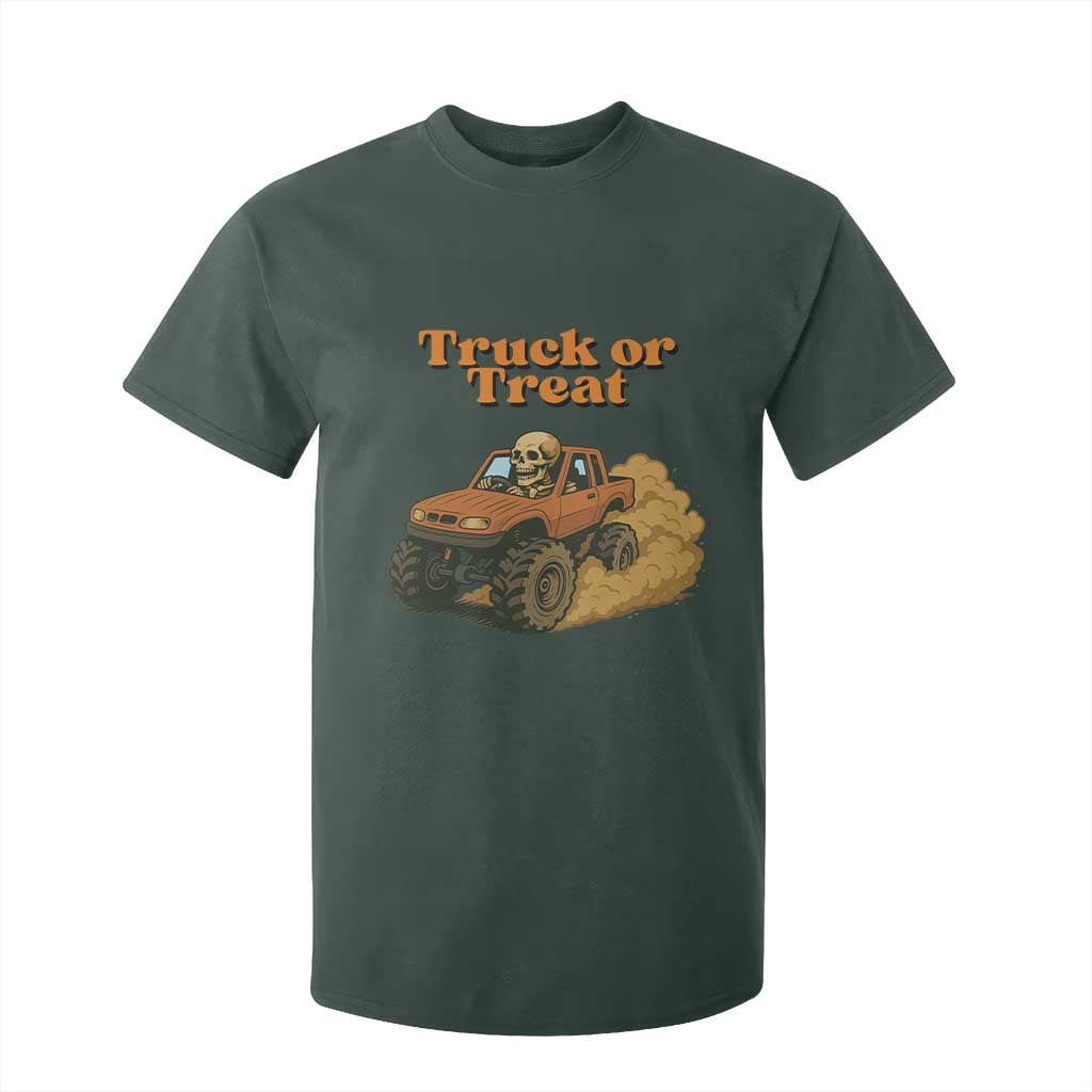 Truck Or Treat Skeleton Racing T Shirt For Kid Funny Halloween Truck Lover TS12 Dark Forest Green Print Your Wear