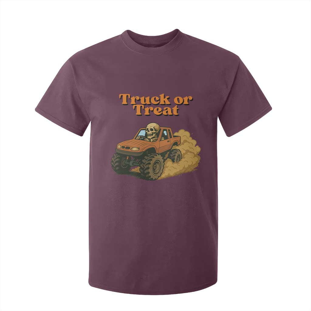 Truck Or Treat Skeleton Racing T Shirt For Kid Funny Halloween Truck Lover TS12 Maroon Print Your Wear