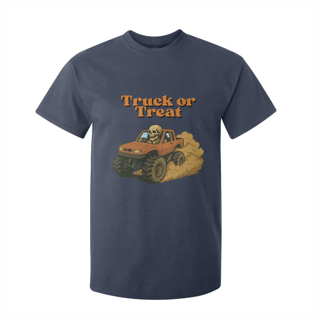 Truck Or Treat Skeleton Racing T Shirt For Kid Funny Halloween Truck Lover TS12 Navy Print Your Wear