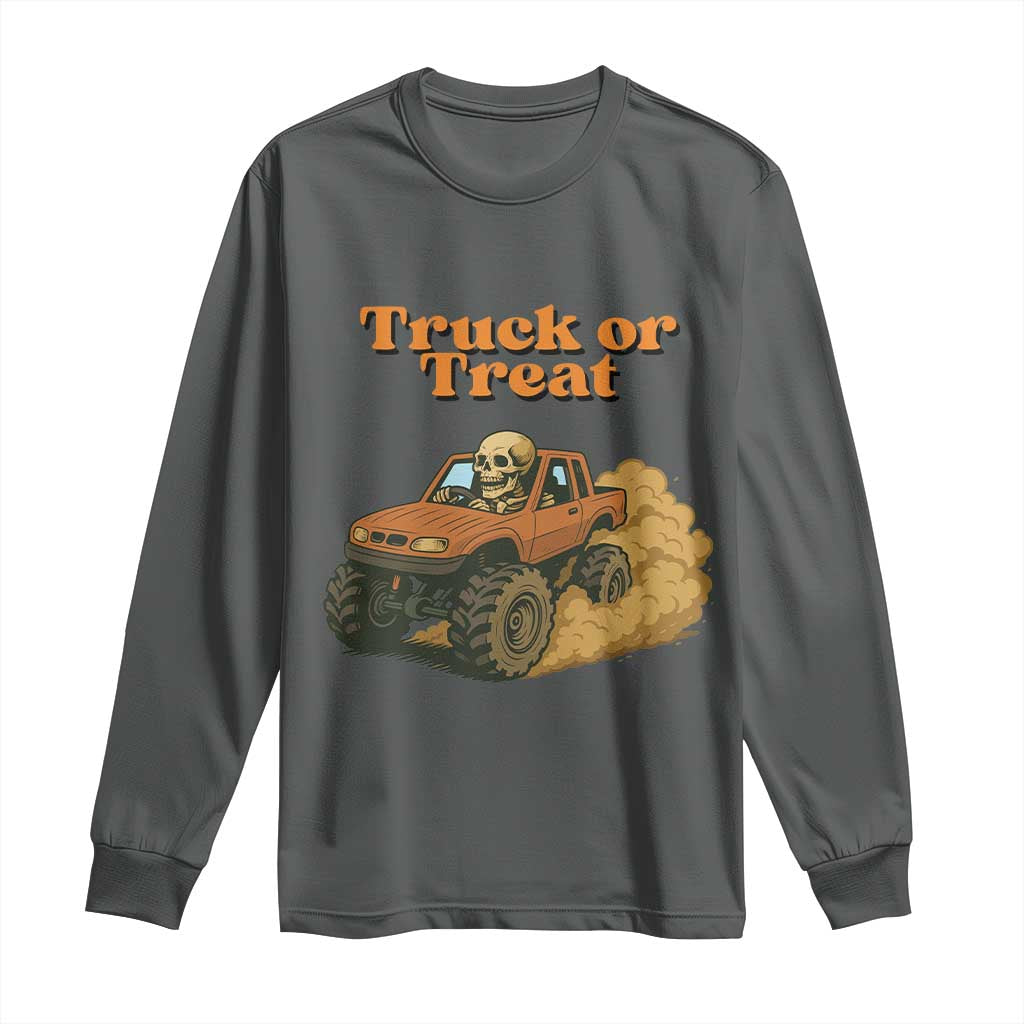 Truck Or Treat Skeleton Racing Long Sleeve Shirt Funny Halloween Truck Lover TS12 Dark Heather Print Your Wear