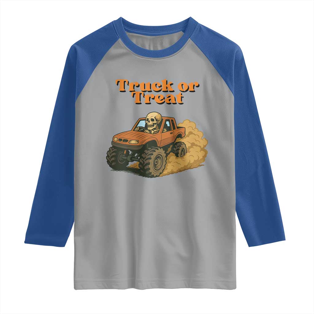 Truck Or Treat Skeleton Racing Raglan Shirt Funny Halloween Truck Lover TS12 Sport Gray Royal Print Your Wear