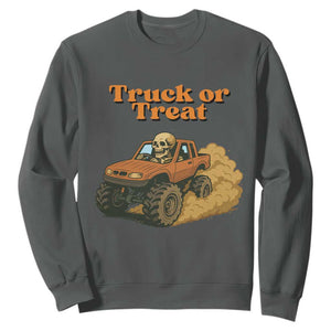Truck Or Treat Skeleton Racing Sweatshirt Funny Halloween Truck Lover TS12 Dark Heather Print Your Wear