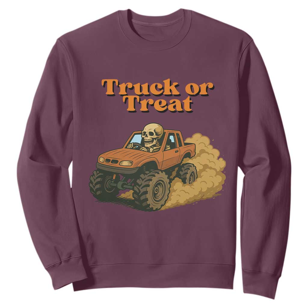 Truck Or Treat Skeleton Racing Sweatshirt Funny Halloween Truck Lover TS12 Maroon Print Your Wear