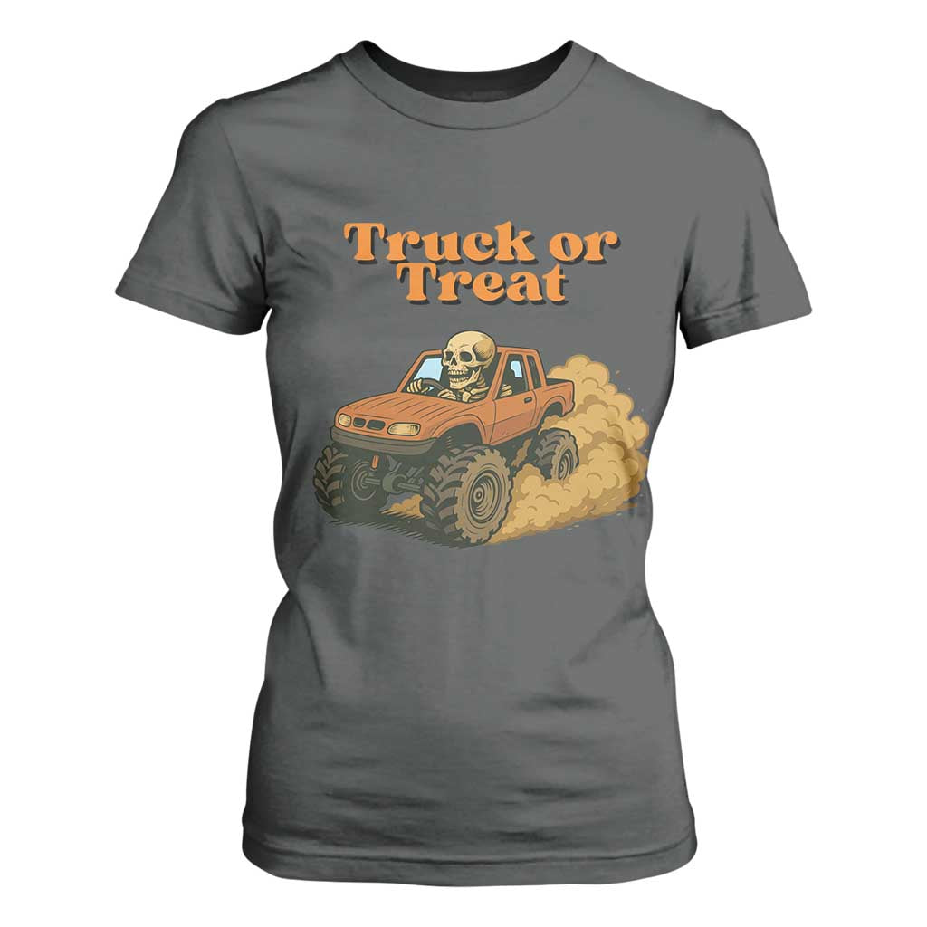 Truck Or Treat Skeleton Racing T Shirt For Women Funny Halloween Truck Lover TS12 Dark Heather Print Your Wear