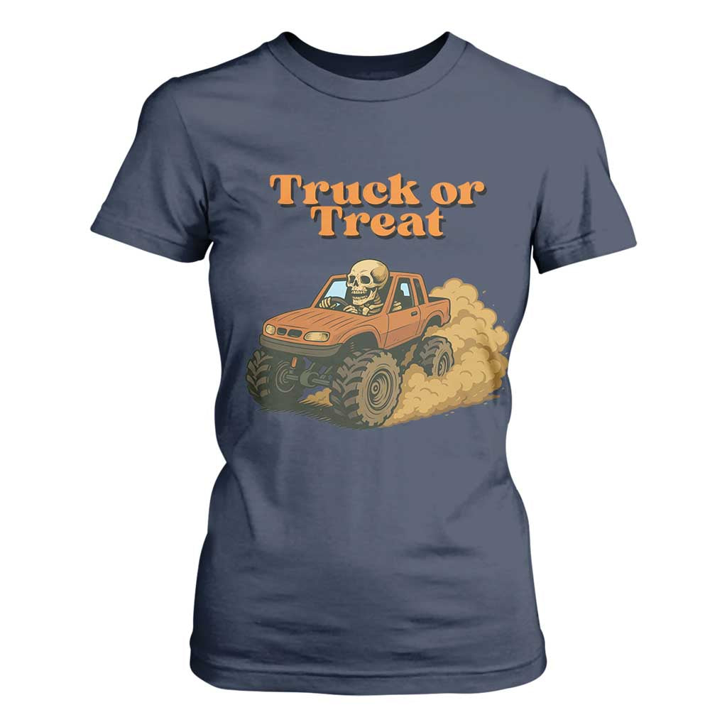 Truck Or Treat Skeleton Racing T Shirt For Women Funny Halloween Truck Lover TS12 Navy Print Your Wear