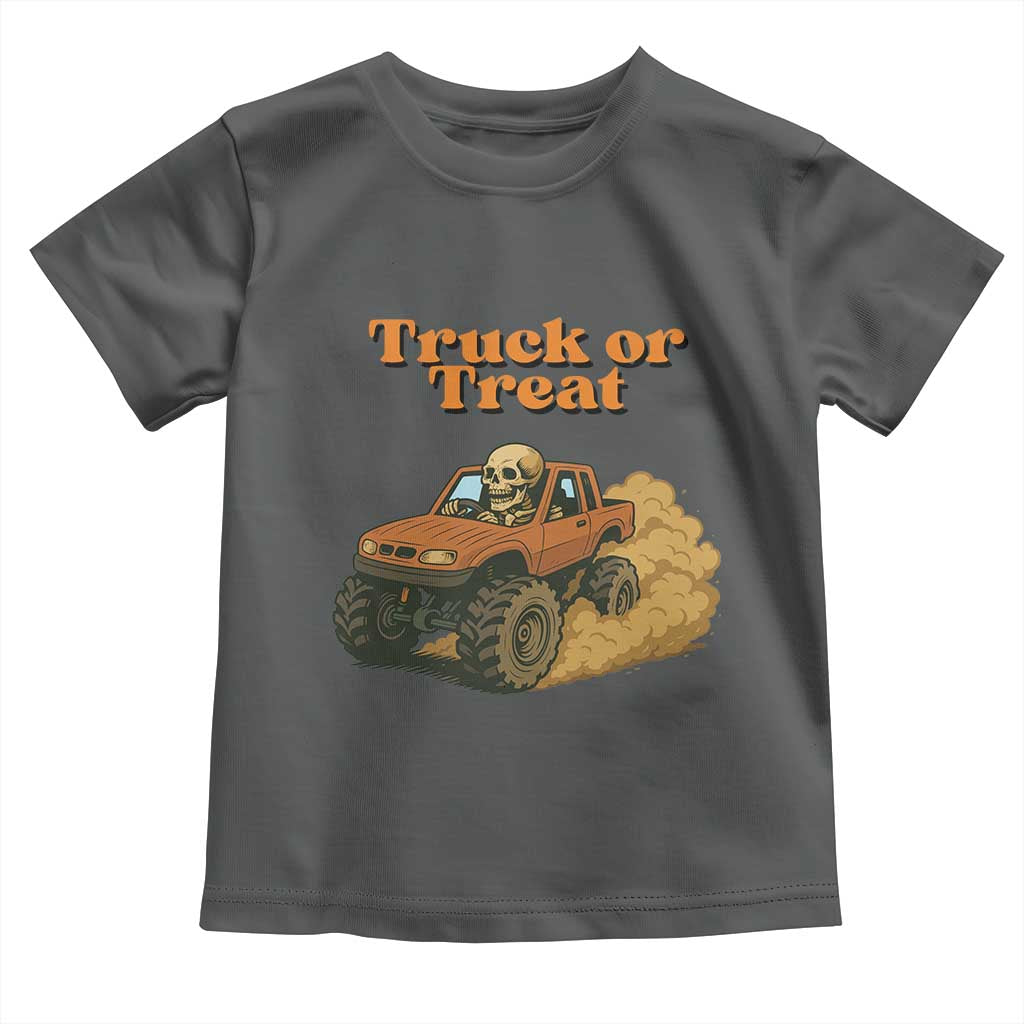 Truck Or Treat Skeleton Racing Toddler T Shirt Funny Halloween Truck Lover TS12 Dark Heather Print Your Wear