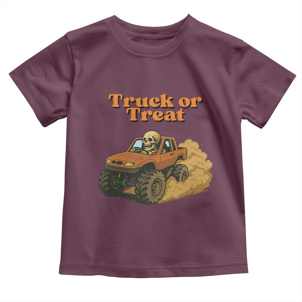 Truck Or Treat Skeleton Racing Toddler T Shirt Funny Halloween Truck Lover TS12 Maroon Print Your Wear