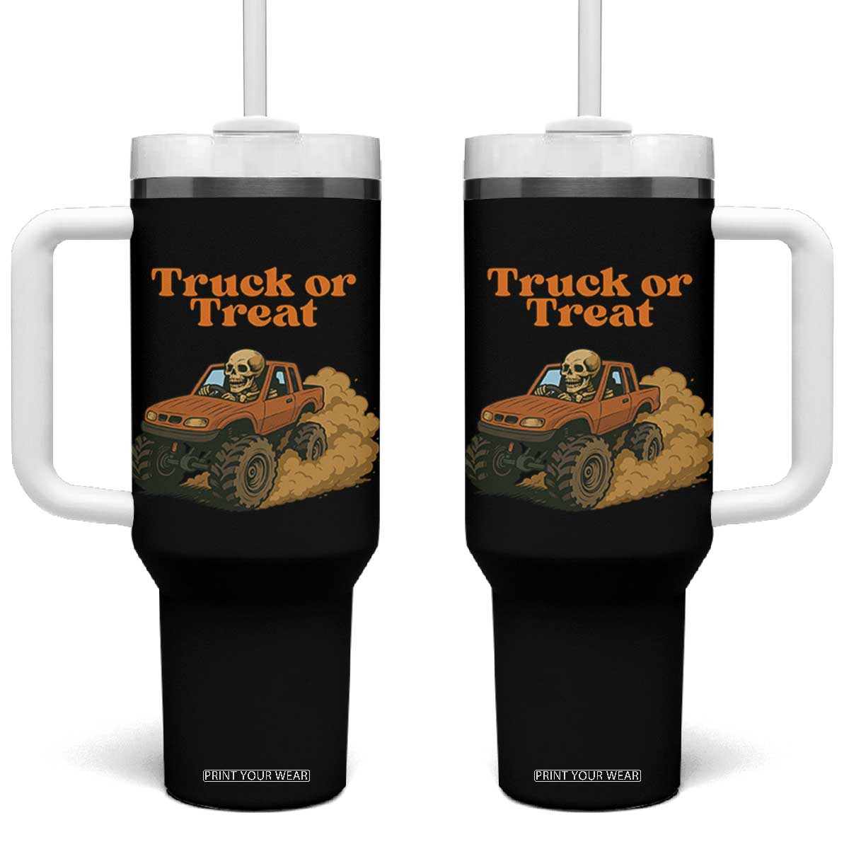 Truck Or Treat Skeleton Racing Tumbler With Handle Funny Halloween Truck Lover TS12 One Size: 40 oz Black Print Your Wear