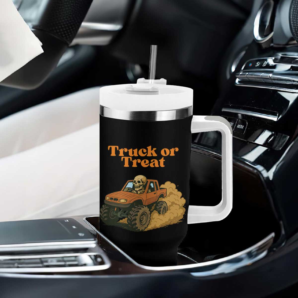 Truck Or Treat Skeleton Racing Tumbler With Handle Funny Halloween Truck Lover TS12 Print Your Wear