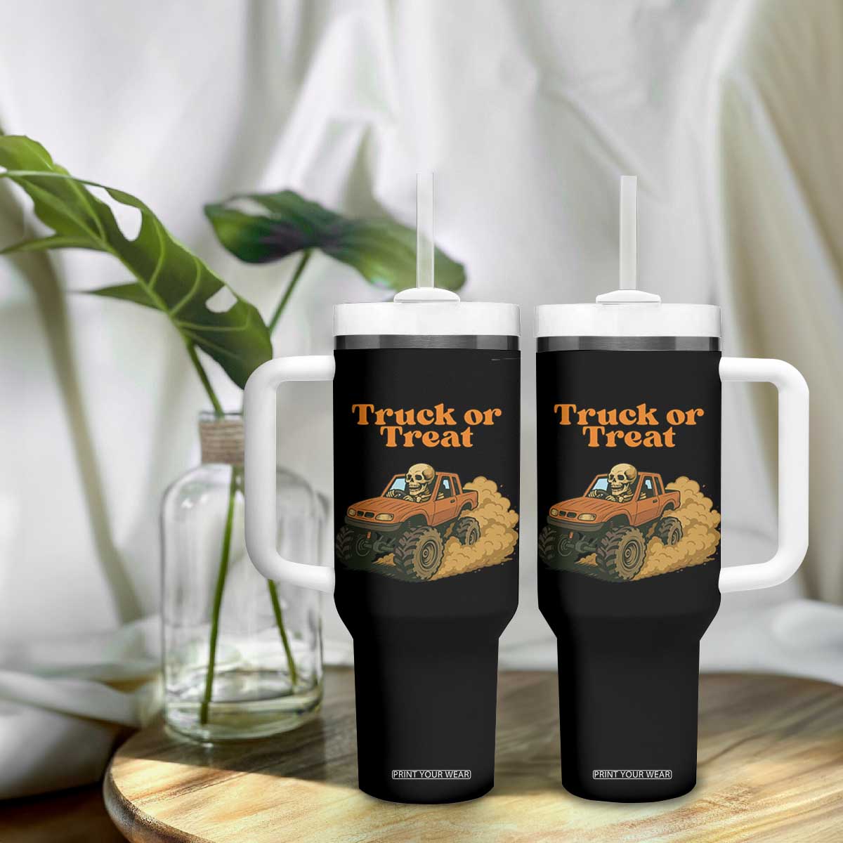 Truck Or Treat Skeleton Racing Tumbler With Handle Funny Halloween Truck Lover TS12 Print Your Wear