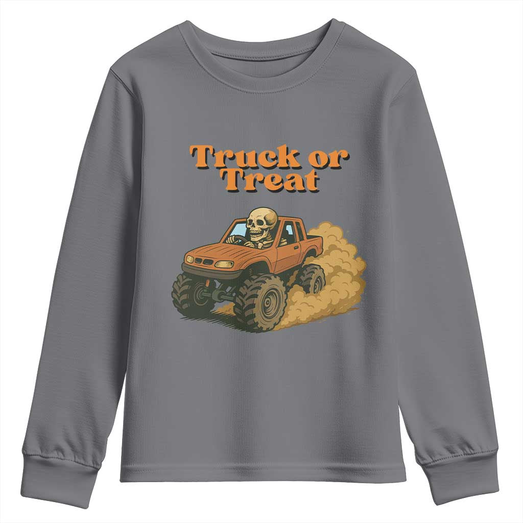 Truck Or Treat Skeleton Racing Youth Sweatshirt Funny Halloween Truck Lover TS12 Charcoal Print Your Wear